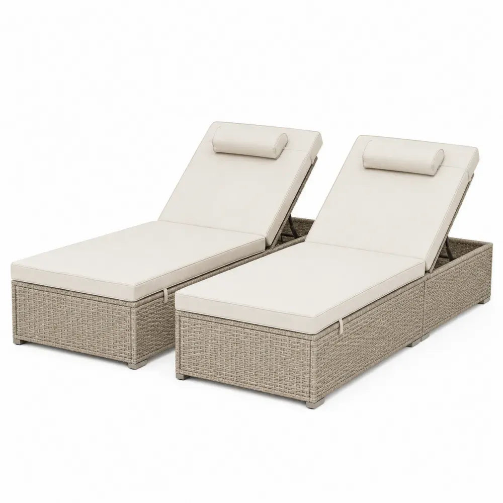 Gartenliege 2er Set verstellbar mit Kopfkissen je 200 x 65 x 95 cm Polyethylen-Geflecht Stahl Polyester Beige Taupe Cremeweiß