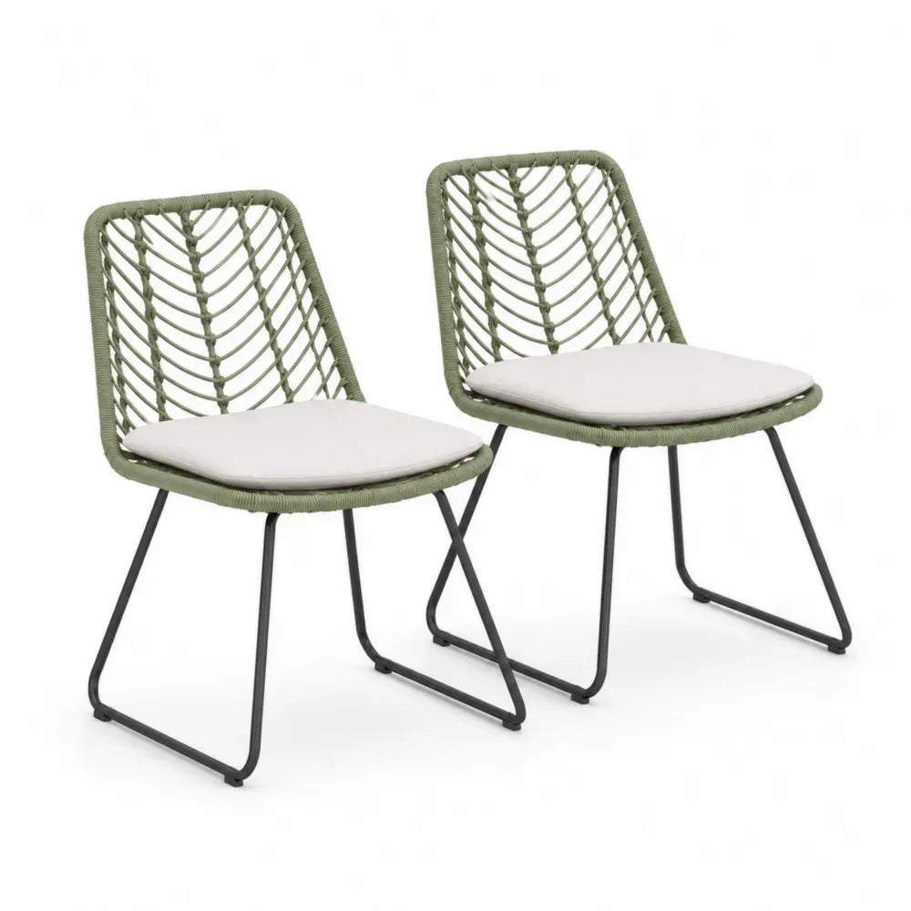 Gartenstuhl 2er Set mit Seilgeflecht rechteckiger Sitzfläche Sitzkissen Stahlgestell Olivgrün Schwarz Cremeweiß je 58 x 61 x 82 cm