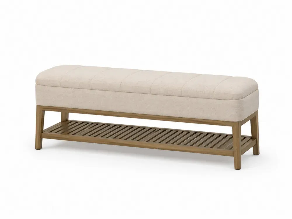 Schlafzimmerbank Sitzbank mit Polster und offener Ablage rechteckig 120 x 40 x 48 cm Polyester Gummibaumholz beige naturholzfarben