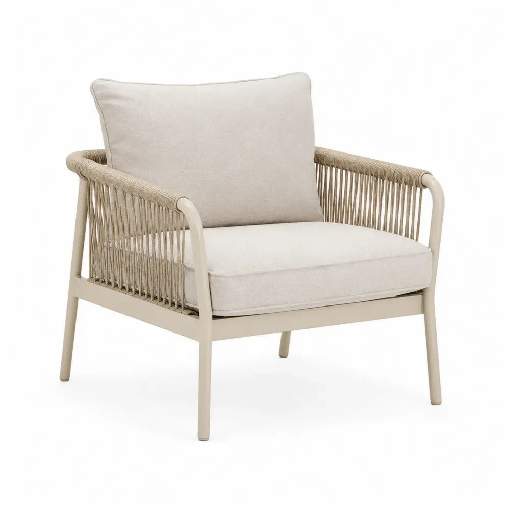 Gartenstuhl mit Armlehnen rechteckiger Sitzfläche Aluminiumgestell Polyesterseilgeflecht Polyesterkissen Beige Naturbeige 72 x 74 x 78 cm
