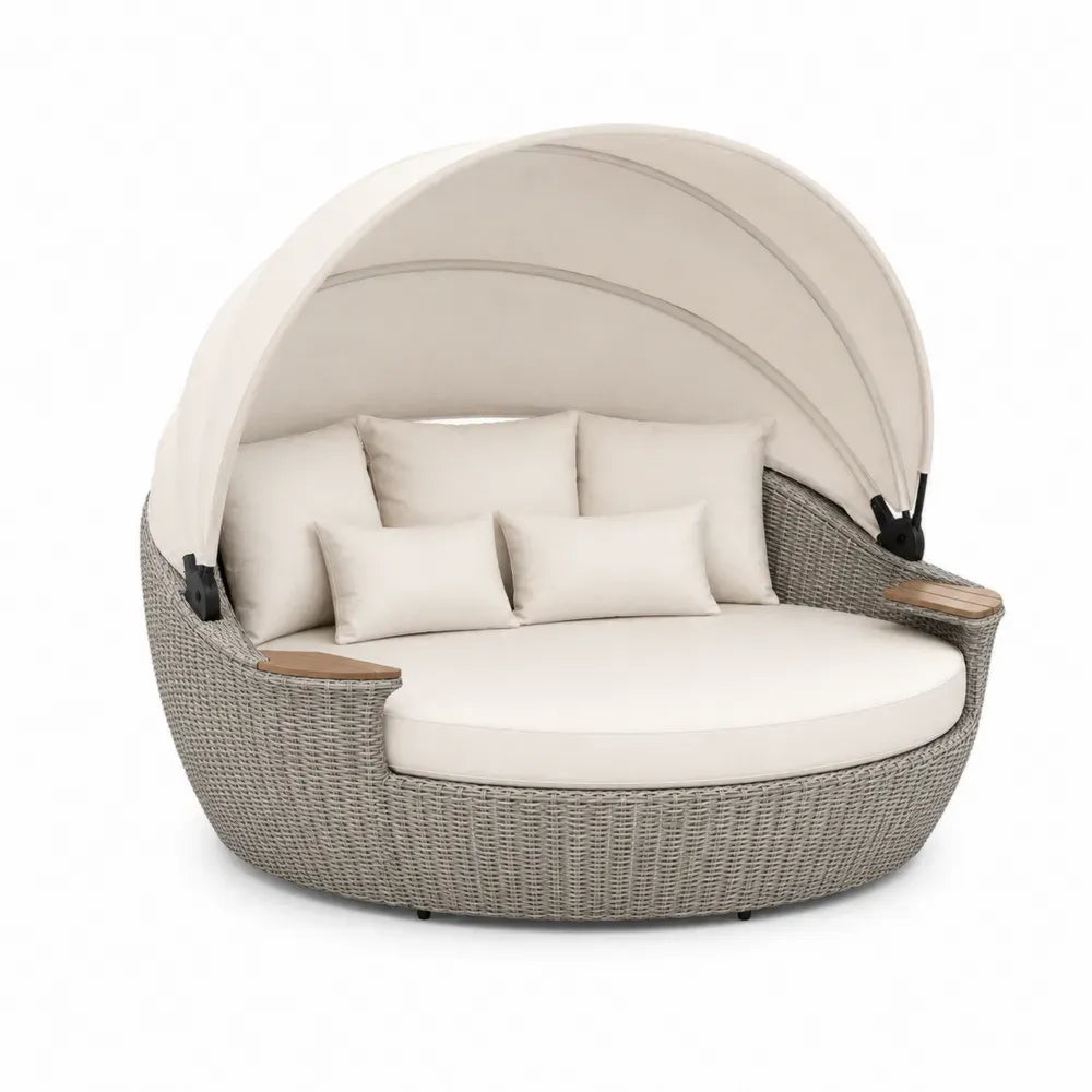 Sonneninsel Gartenliege rund mit verstellbarem Sonnendach PE Rattan Stahlrahmen Polyesterpolster Grau Beige 180 x 165 x 150 cm