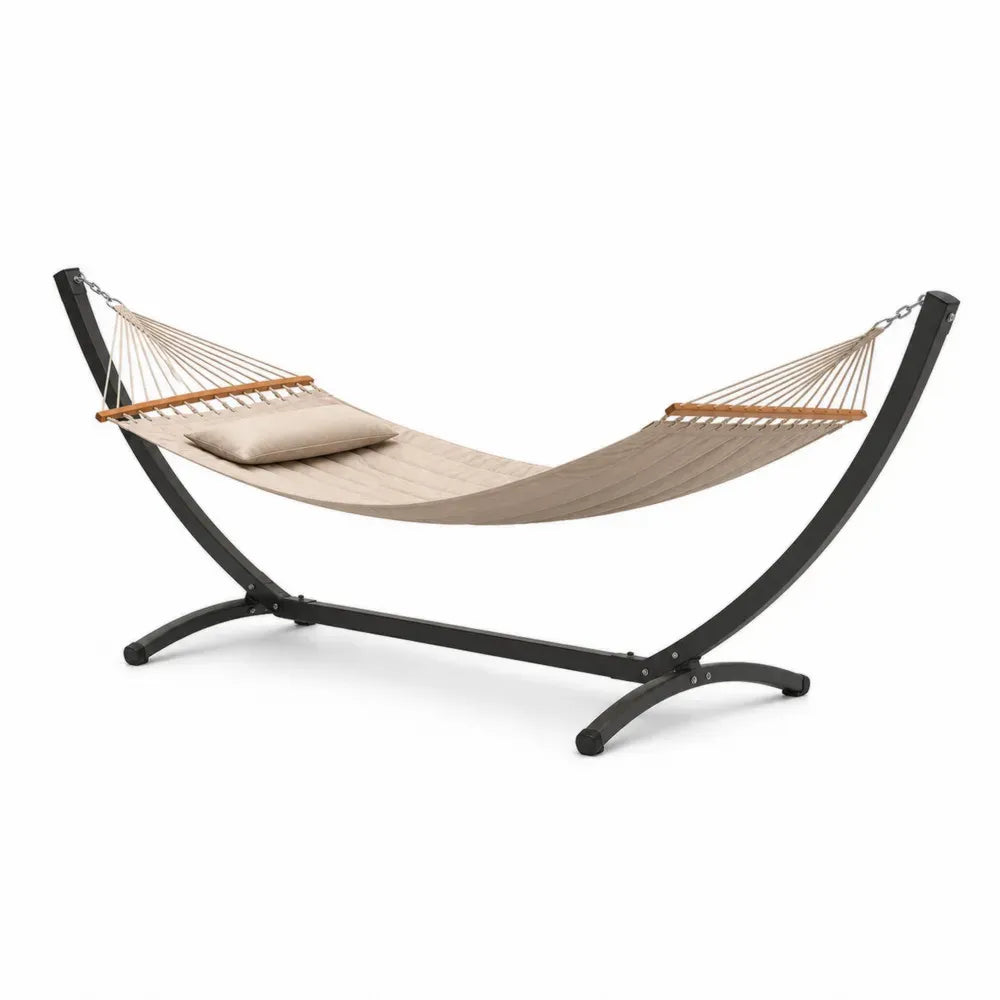 Hängematte mit Gestell und Kissen 330 x 110 x 110 cm Polyestergewebe pulverbeschichteter Stahl gebogen Beige Schwarz Naturbraun Silberfarben