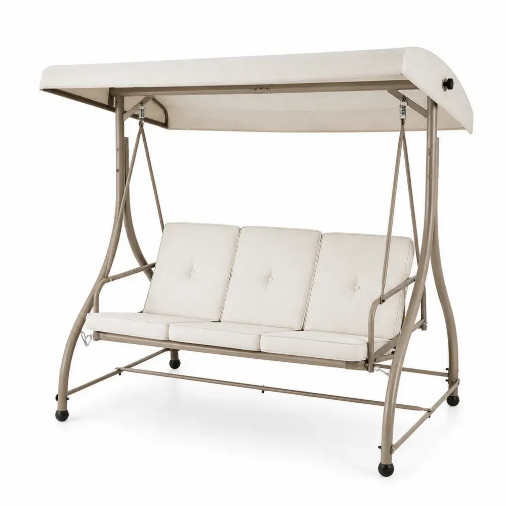 Hollywoodschaukel 3-Sitzer mit Dach und Sitzkissen 200 x 120 x 170 cm Polyester pulverbeschichteter Stahl Beige Taupe Schwarz Silberfarben