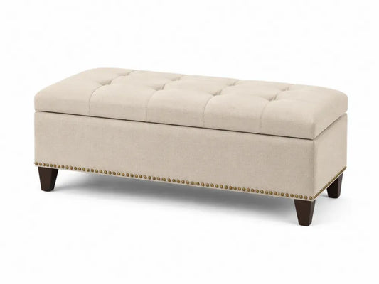 Bettbank Polsterbank mit Stauraum rechteckig 120 x 45 x 45 cm Polyestergewebe Gummibaumholz beige dunkelbraun messingfarben