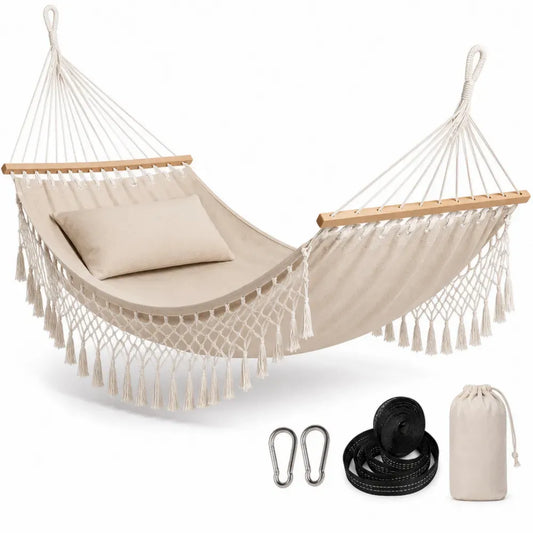 Hängematten Set mit Spreizstäben und Zubehör 320 x 150 cm Baumwoll Polyester Mischgewebe Holz Stahl Creme Naturbraun Schwarz
