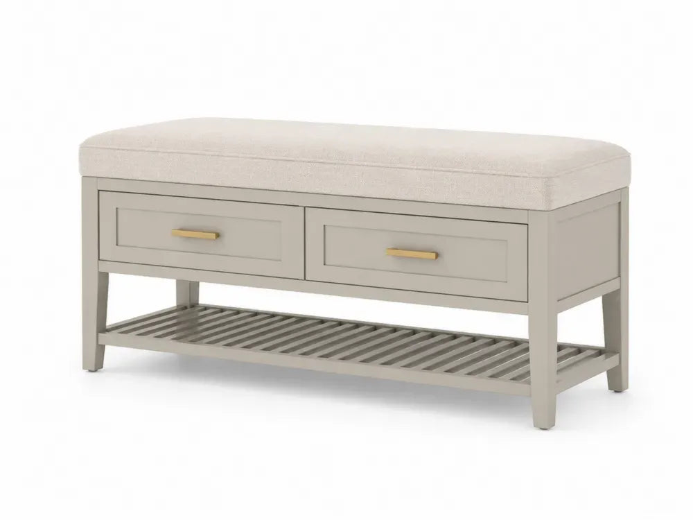 Schlafzimmerbank Sitzbank mit Polster 2 Schubladen und Ablage rechteckig 120 x 40 x 48 cm MDF Polyester Gummibaumholz taupe creme goldfarben