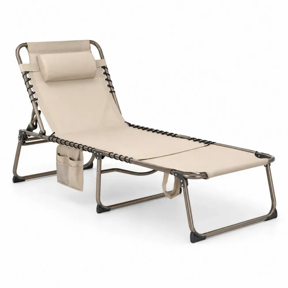 Klappbare Gartenliege mit Kopfkissen und Seitentasche 178 x 66 x 98 cm Oxford-Polyester pulverbeschichteter Stahl Beige Taupe Schwarz