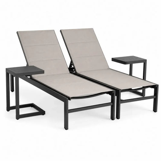 Gartenliegen Set 4-teilig mit 2 Liegen und 2 Beistelltischen 196 x 65 x 94 cm Aluminium Textilene rechteckig Beige Schwarz