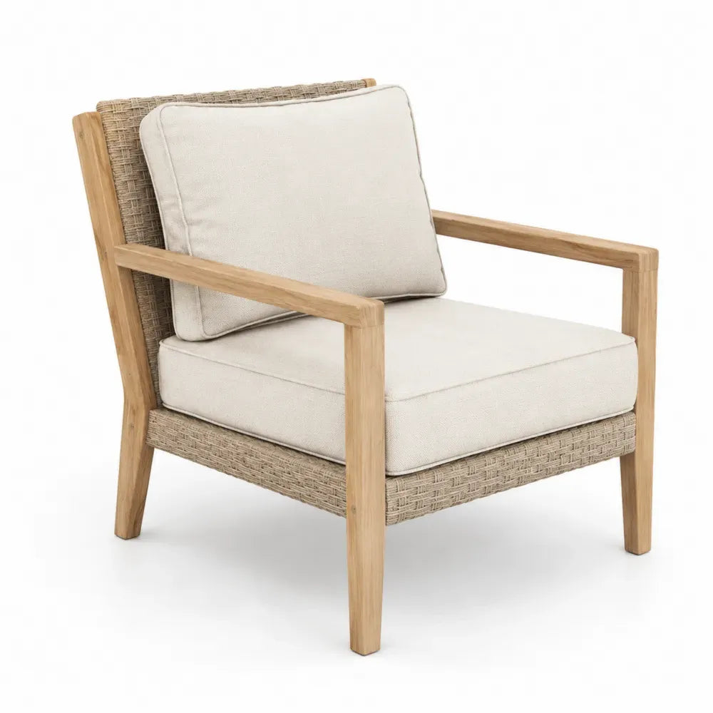 Gartenstuhl mit Armlehnen rechteckiger Sitzfläche Akazienholz PE Rattan Polyesterkissen Naturbraun Beige 74 x 78 x 82 cm