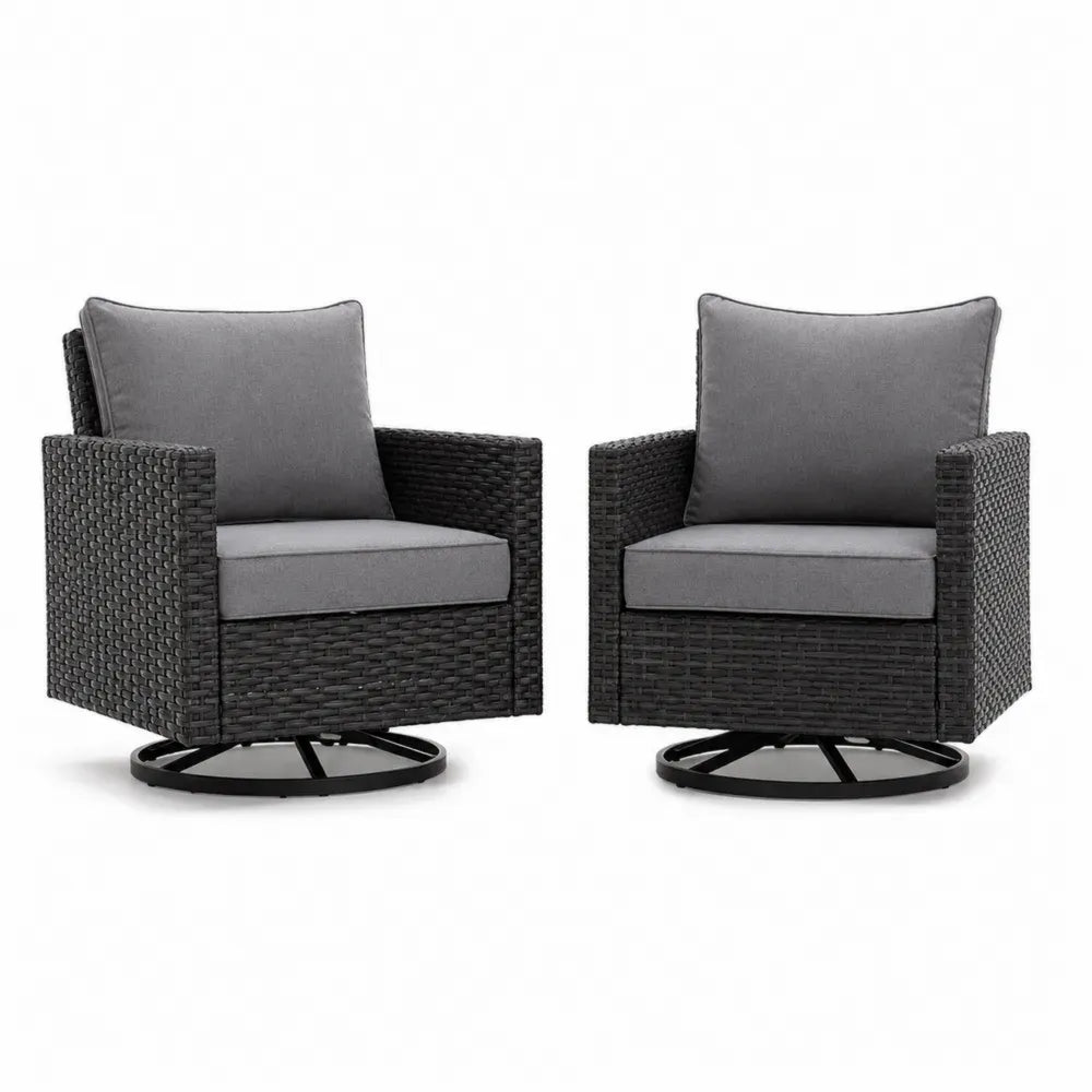 Gartenstuhl 2er Set Drehsessel mit rechteckiger Sitzfläche PE Rattan Stahlrahmen Polyesterkissen Schwarz Grau 76 x 78 x 86 cm