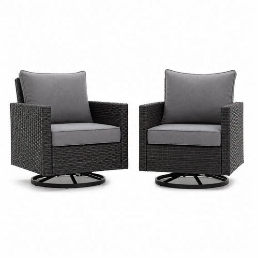 Gartenstuhl 2er Set Drehsessel mit rechteckiger Sitzfläche PE Rattan Stahlrahmen Polyesterkissen Schwarz Grau 76 x 78 x 86 cm