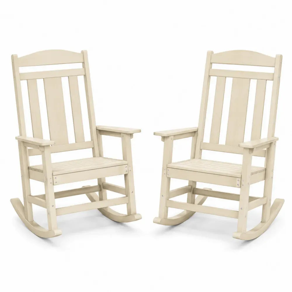 Gartenschaukelstuhl 2er Set mit Armlehnen und Lattensitzfläche aus lackiertem Akazienholz Cremeweiß je 67 x 89 x 116 cm