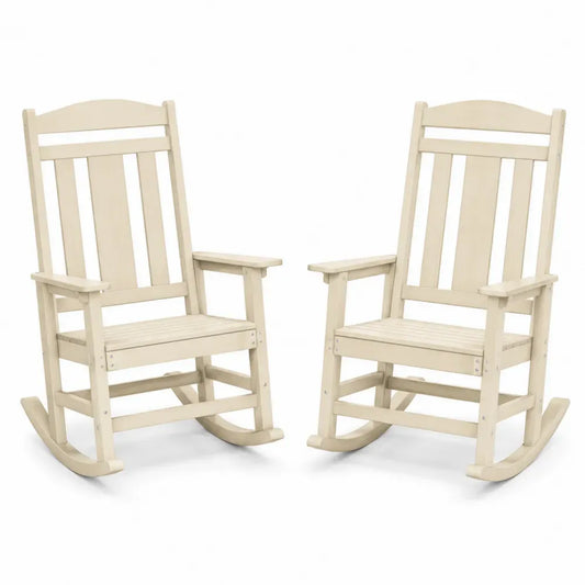 Gartenschaukelstuhl 2er Set mit Armlehnen und Lattensitzfläche aus lackiertem Akazienholz Cremeweiß je 67 x 89 x 116 cm