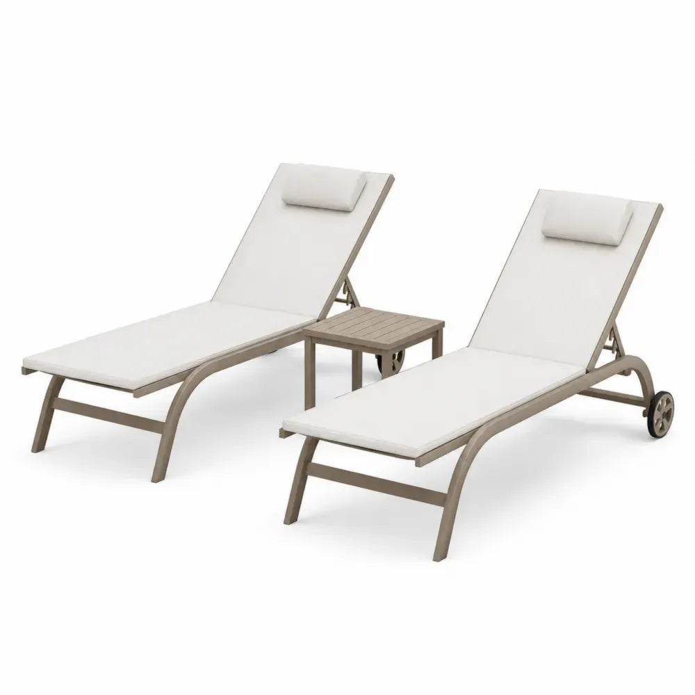 Sonnenliegen 2er Set mit Beistelltisch verstellbar Aluminiumgestell Polyesterauflagen Beige Taupe Liege 200 x 65 x 95 cm Tisch 45 x 45 x 45 cm