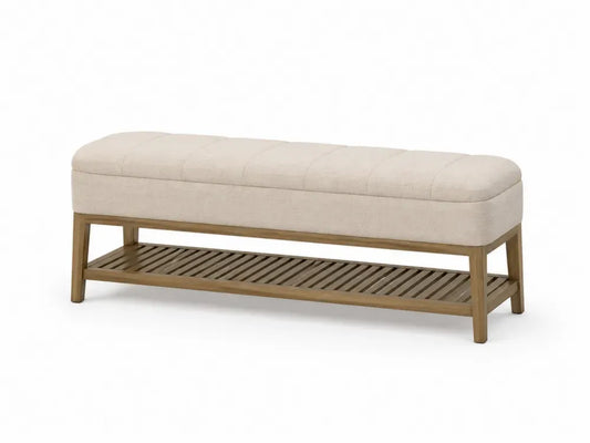 Schlafzimmerbank Sitzbank mit Polster und offener Ablage rechteckig 120 x 40 x 48 cm Polyester Gummibaumholz beige naturholzfarben