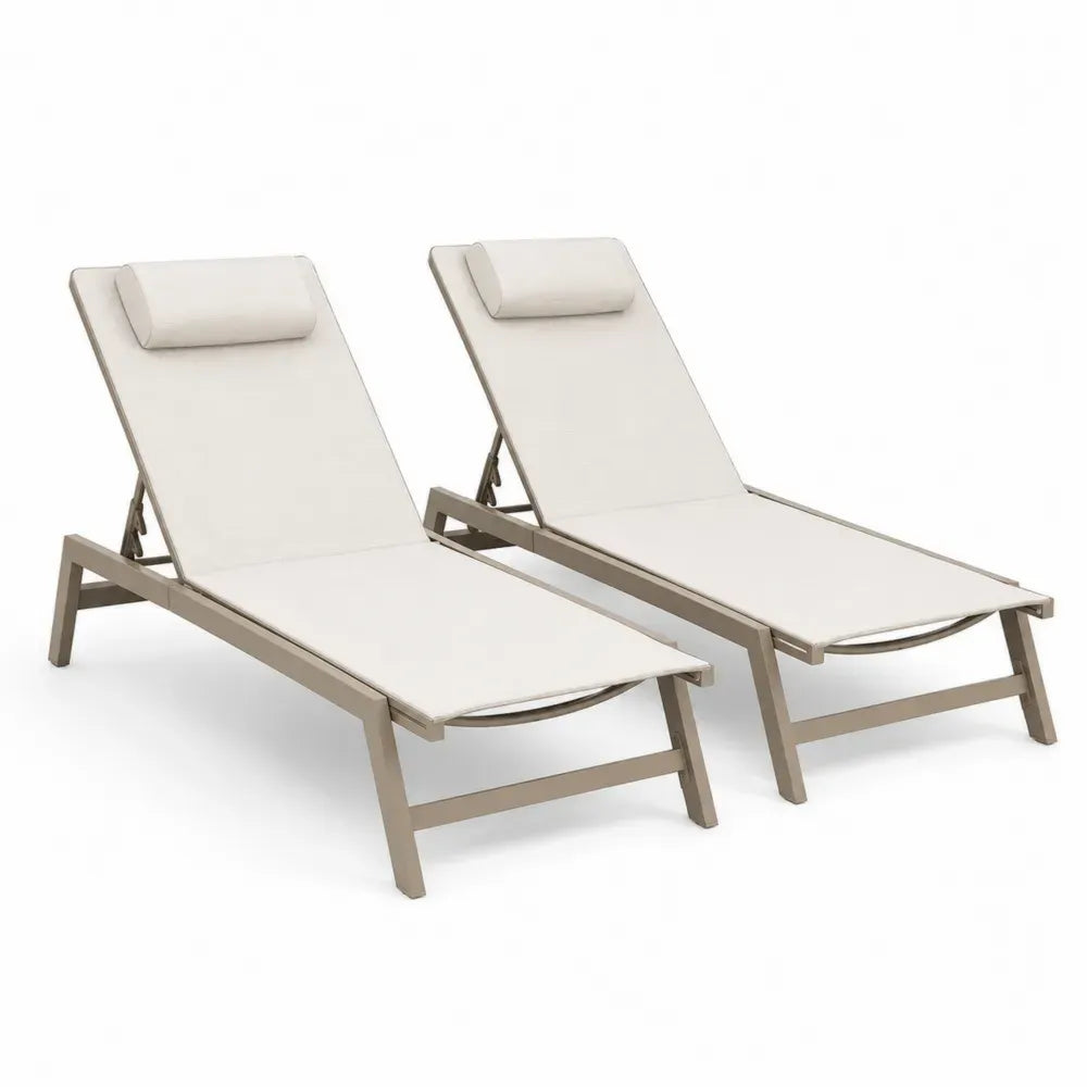 2er Set Sonnenliegen Gartenliegen mit verstellbarer Rückenlehne rechteckigem Aluminiumrahmen PVC-beschichtetem Polyestergewebe Beige Cremeweiß 195 x 60 x 92 cm