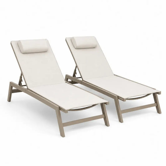 2er Set Sonnenliegen Gartenliegen mit verstellbarer Rückenlehne rechteckigem Aluminiumrahmen PVC-beschichtetem Polyestergewebe Beige Cremeweiß 195 x 60 x 92 cm
