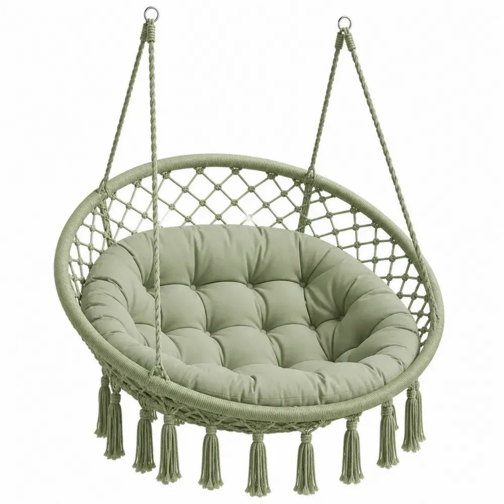 Hängesessel mit Kissen 120 x 70 x 145 cm Baumwoll-Polyester-Seil Stahl rund Salbeigrün Silberfarben