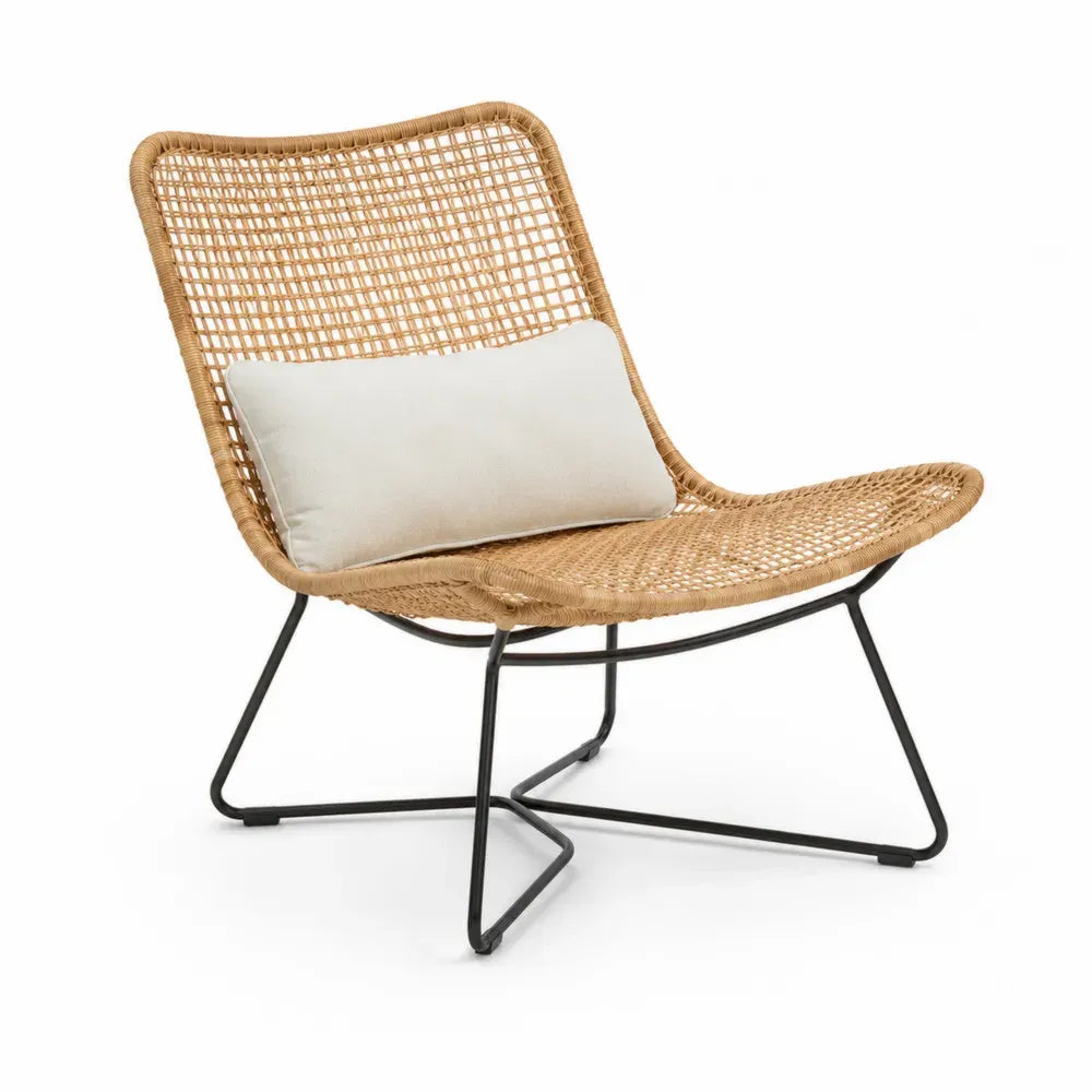 Loungesessel Gartenstuhl mit breiter Sitzschale PE-Rattan Geflecht Stahlgestell Polyester Naturbeige Cremeweiß Schwarz 82 x 76 x 87 cm