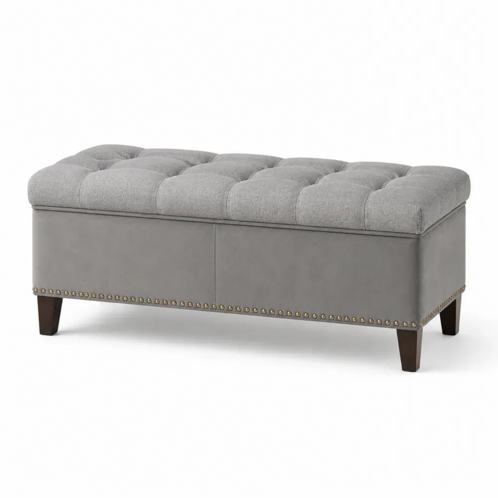 Schlafzimmerbank Bettbank gepolstert rechteckig 120 x 45 x 48 cm Polyestergewebe MDF Kautschukholz Grau Dunkelgrau Dunkelbraun
