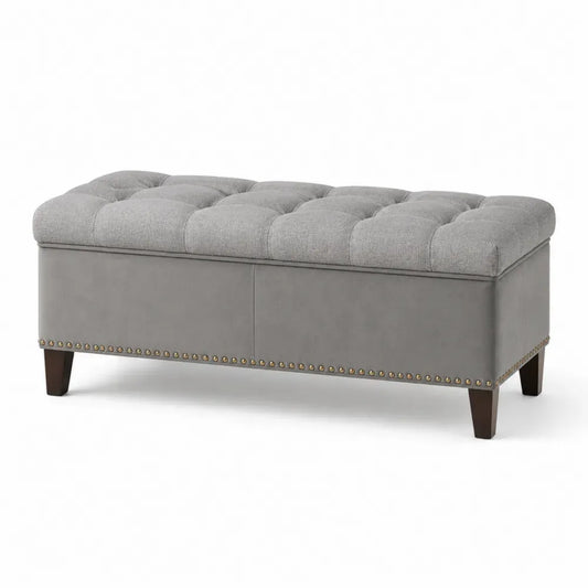 Schlafzimmerbank Bettbank gepolstert rechteckig 120 x 45 x 48 cm Polyestergewebe MDF Kautschukholz Grau Dunkelgrau Dunkelbraun