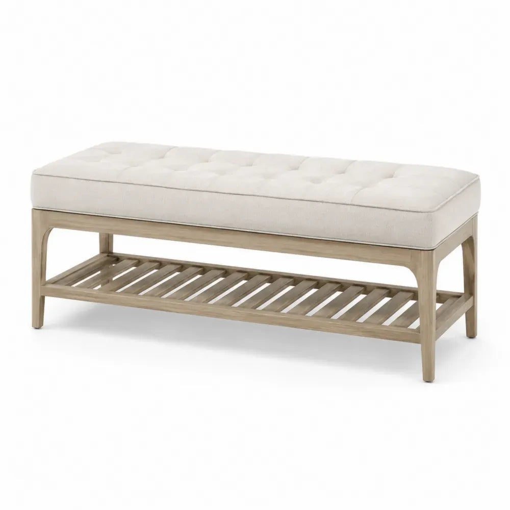 Schlafzimmerbank Sitzbank mit Polstersitz und offener Ablage rechteckig 120 x 40 x 48 cm Kautschukholz Polyester creme naturholzfarben