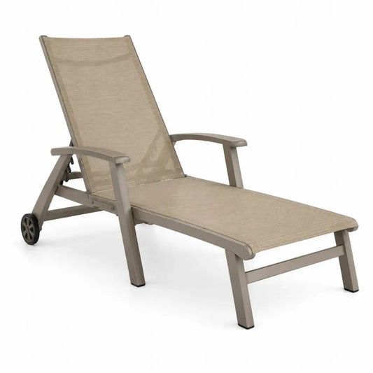 Sonnenliege Gartenliege mit Rollen Armlehnen und verstellbarer Rückenlehne rechteckigem Aluminiumrahmen Textilene Taupe Beige 195 x 70 x 100 cm